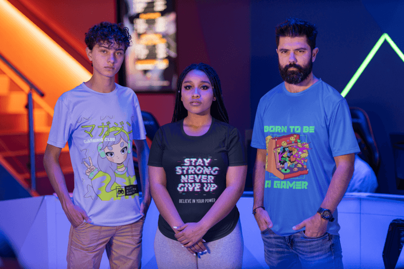 Jersey Mockup Of Three Friends Posing At A Gamers Arena M28536