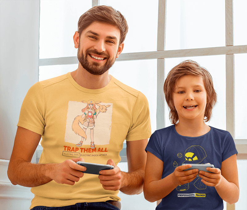 T Shirt Mockup Of A Man And His Son Playing Mobile Games