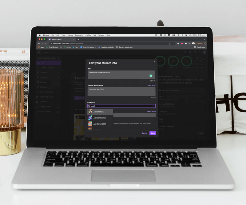 Macbook Mockups Showing A Twitch Stream Info Page