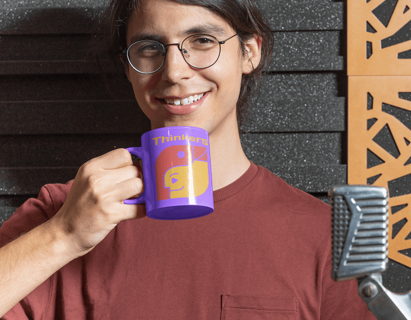 11 Oz Mug Mockup Of A Happy Man Drinking Coffee At A Recording Studio 33332a