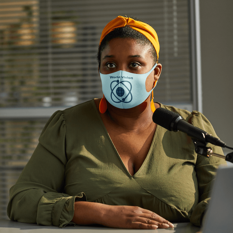 Face Mask Mockup Of A Woman Making A Podcast 45545 R El2