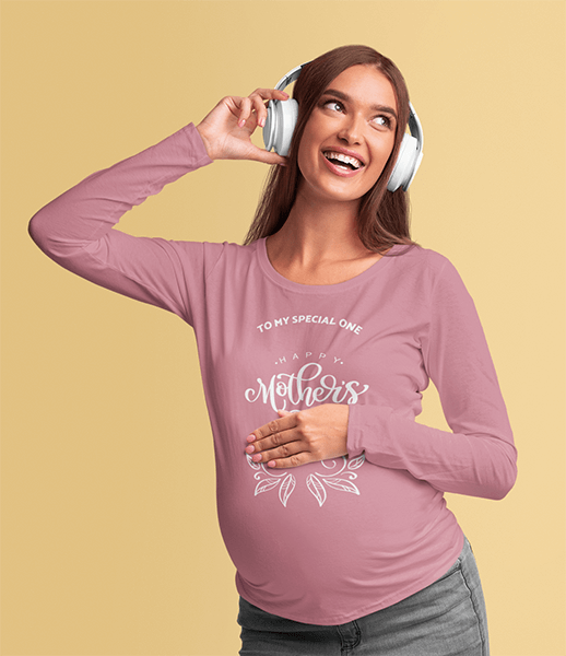 Long Sleeve Tee Mockup Featuring Pregnant Woman Listening To A Happy Song