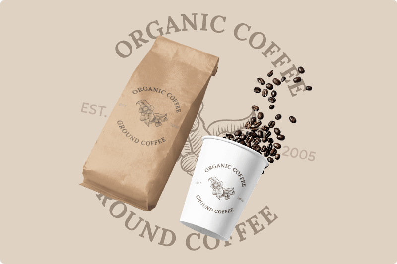 Kahvilan logo kahvikupissa ja kahvipakkauksessa