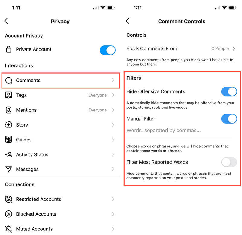 Instagram Privacy Comments Offensive Keywords Updated