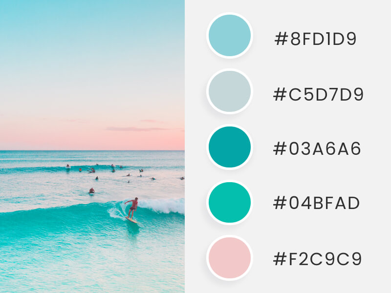 A summer color palette inspired by soft pink sky and surfers in blue waters