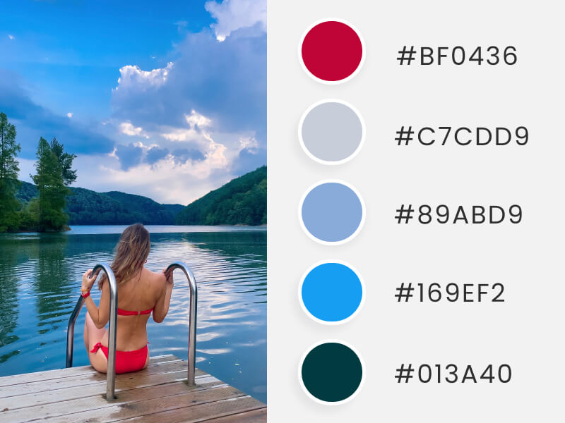 A summer color palette inspired by a woman wearing a red swimsuit by the lake
