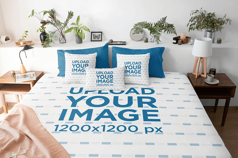 Bank Duvet Cover Mockup Featuring Three Customizable Pillows And A Bedroom With Plants