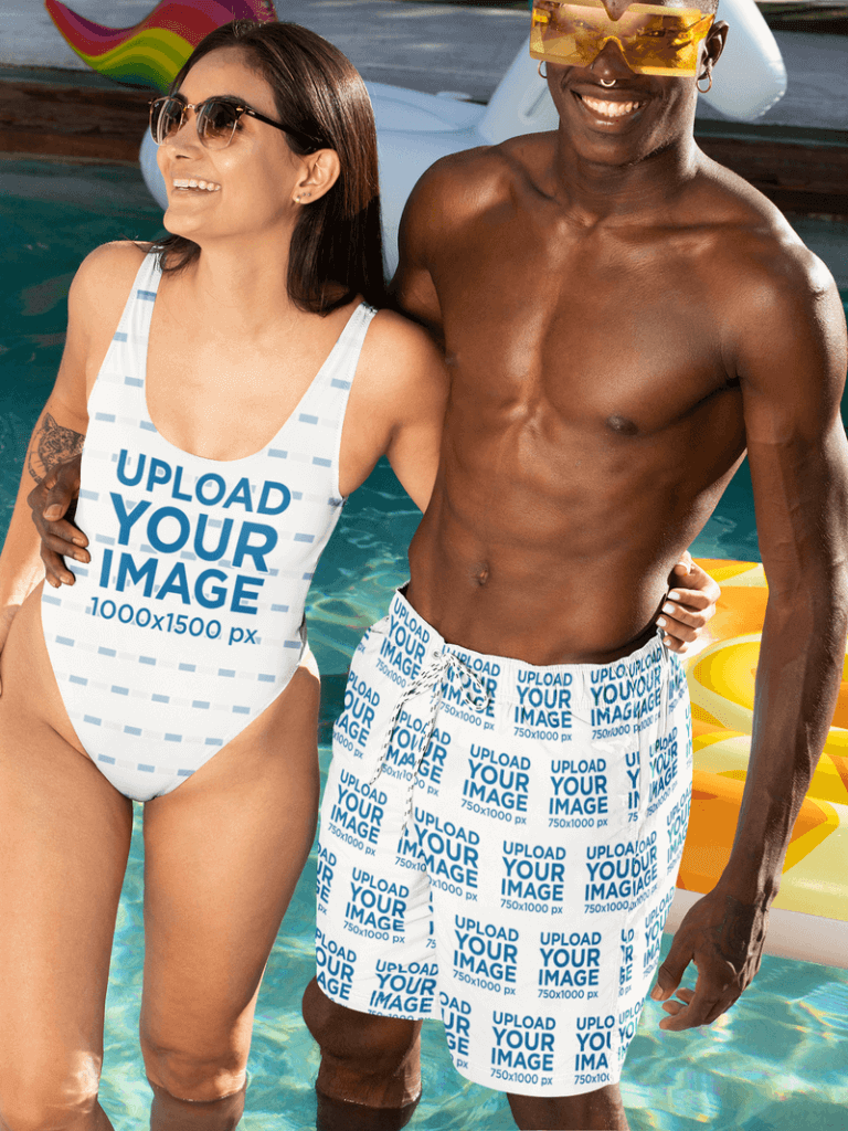 Bathing Suit Mockup Worn By A Woman And Swim Trunks Mockup Worn By A Man At. A Pool Party
