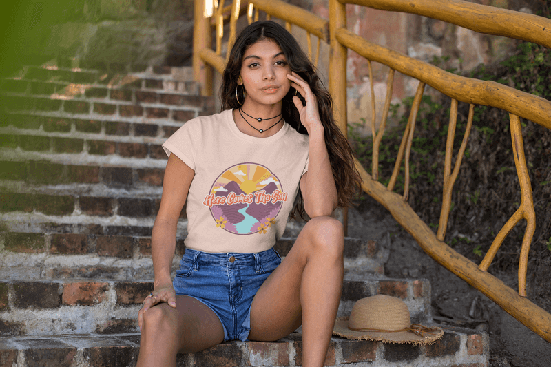 Mockup Of A Gorgeous Woman Sitting In A Rustic Stairway