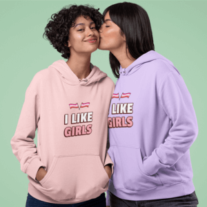 Pullover Hoodie Mockup Featuring A Woman Kissing Her Girlfriend