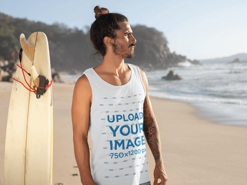Tank Top Mockup Worn By A Man With Long Hair On A Beach