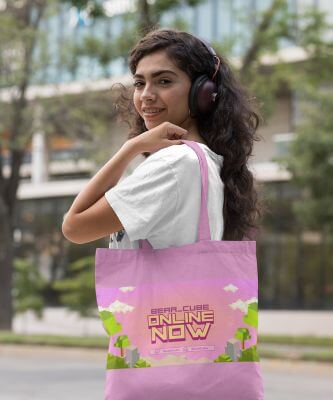 Tote Bag Mockup Of A Woman With Headphones In The City