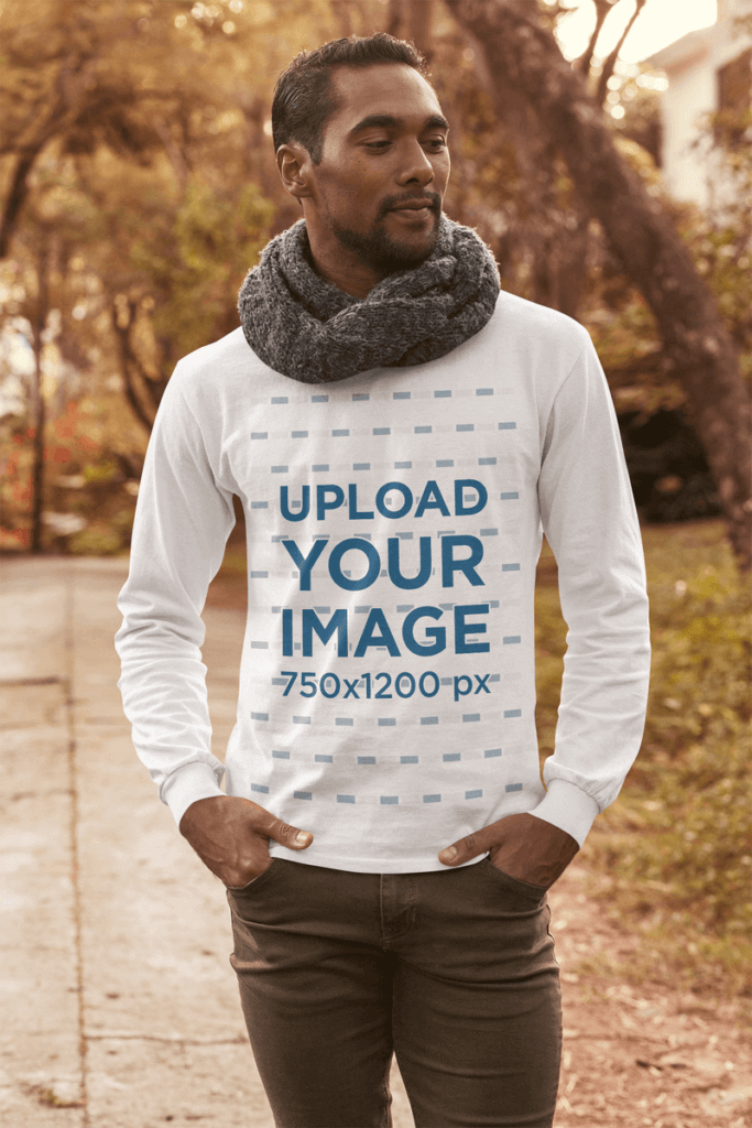 Long Sleeve T Shirt Mockup Featuring A Man With A Scarf