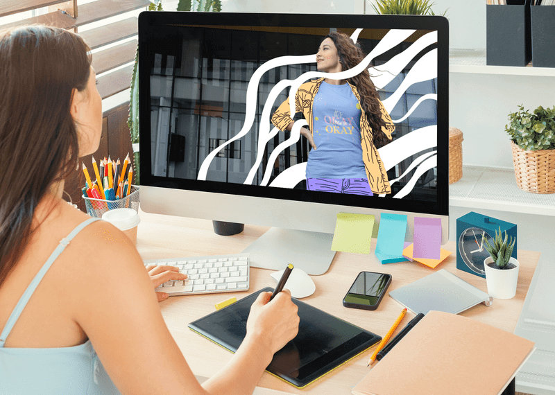 Imac Mockup Featuring A Woman Using A Drawing Tablet