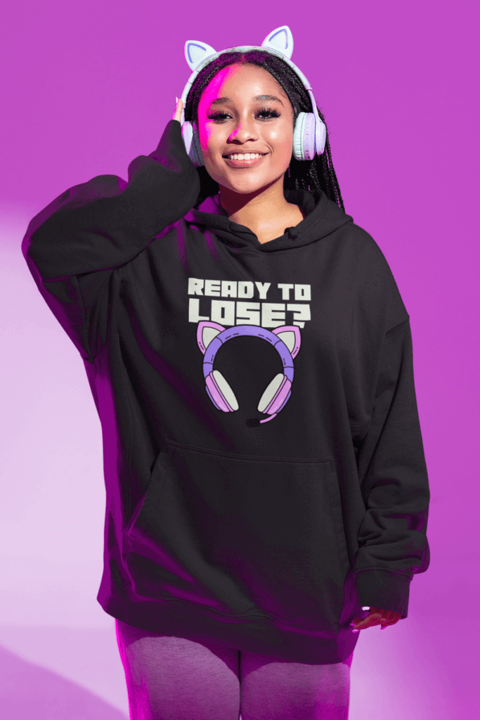 Mockup Of A Woman With Kitty Headphones Wearing An Oversized Hoodie