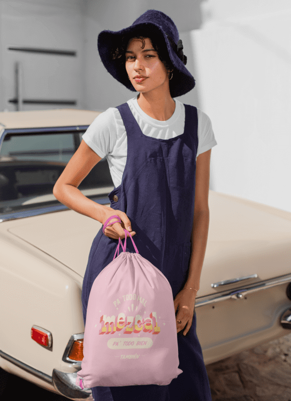 Drawstring Mockup Of A Woman Standing Next To A Vintage Car