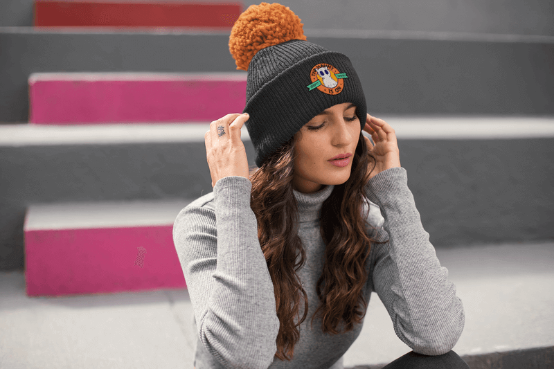 Beanie Mockup Featuring A Handsome Woman With A Winter Outfit