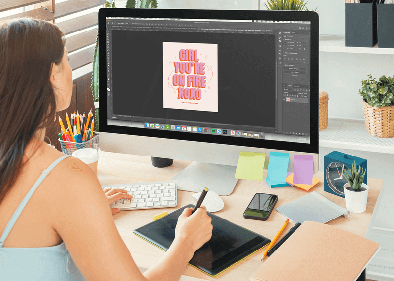 Imac Mockup Featuring A Woman Using A Drawing Tablet