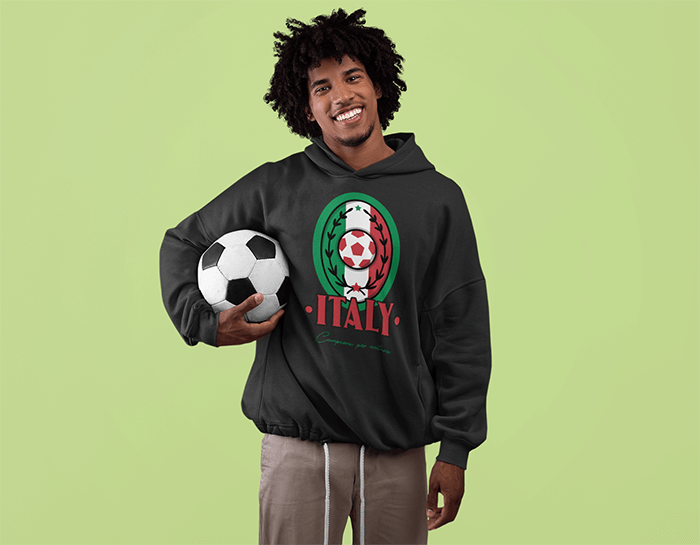 Pullover Hoodie Mockup Of A Smiling Man With Afro Hairstyle Holding A Soccer Ball