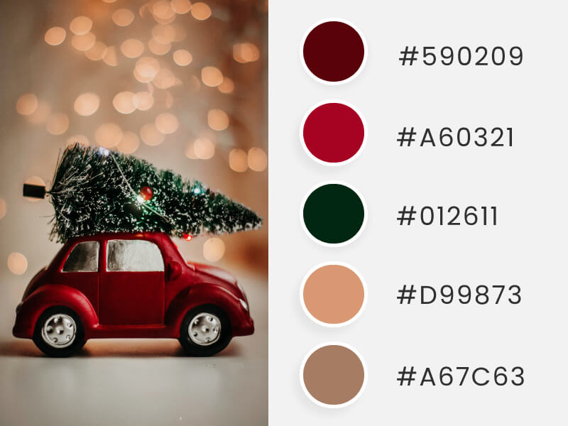 Winter Color Palettes - a cute red car carrying a christmas pine