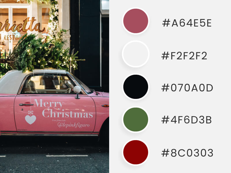 Winter Color Palettes - a pink lovely car carrying a christmas pine