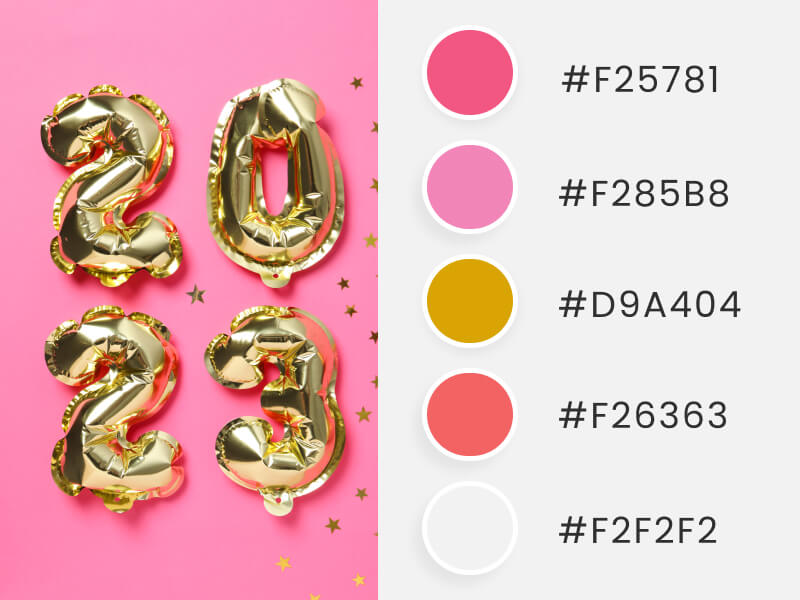 Winter Color Palettes - 2023 golden balloons in a pink background