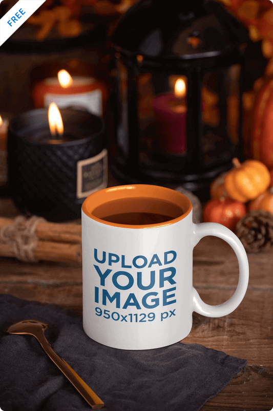 Mockup Of A Coffee Mug With Fall Decorations In The Background