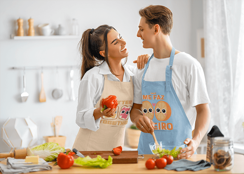 Apron Mockup Featuring A Happy Couple Of Chefs Making A Salad