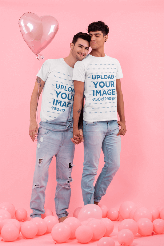 Valentine's Day Themed T Shirt Mockup Featuring A Pink Background And Heart Balloons
