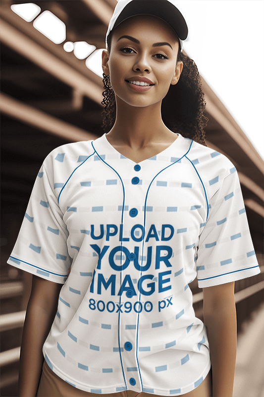 Ai Created Mockup Of A Woman Wearing A Baseball Jersey At A Stadium