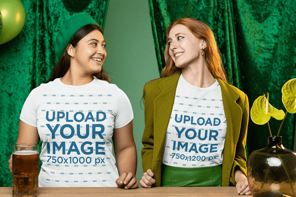 Bella Canvas Tee Mockup Featuring Two Cheerful Women At An Irish Themed Party