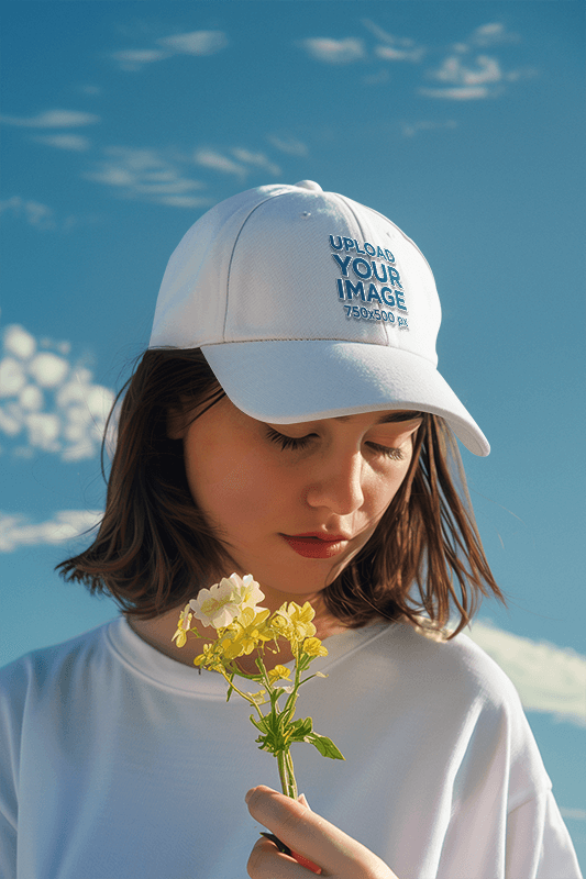 Dad Hat Mockup Of An Ai Generated Woman Posing With Flowers Against The Sky