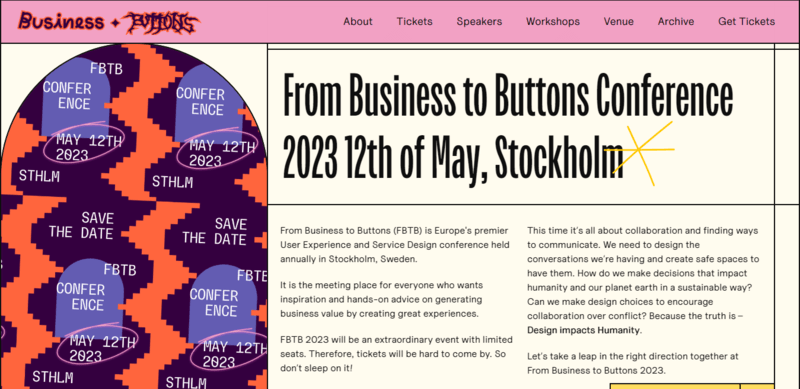 This Business to Buttons UX conference website is a great example of this visible grids trend