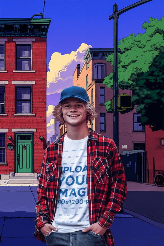 T Shirt Mockup Featuring An Ai Created Young Man In A Rabbit Toon Film Inspired Setting