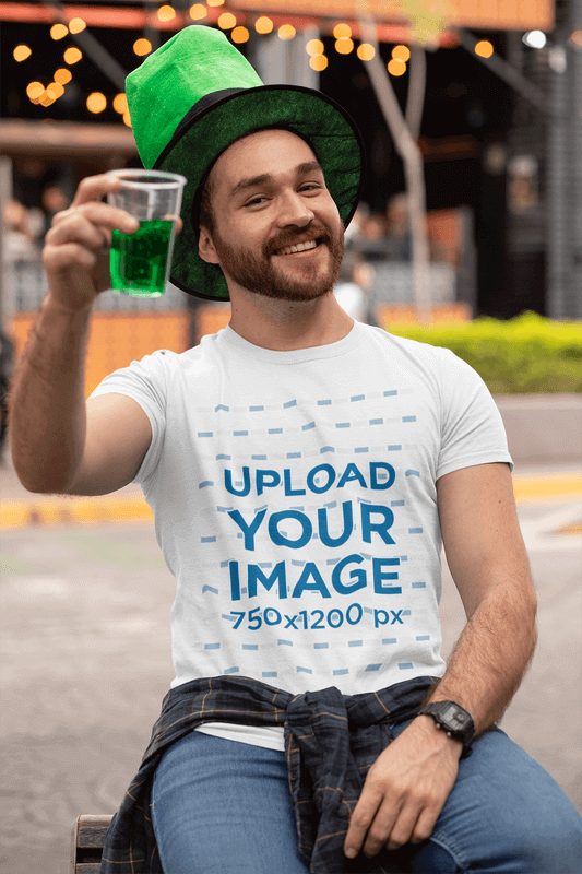 T Shirt Mockup Of A Man At A St Patricks Celebration Drinking A Green Beer
