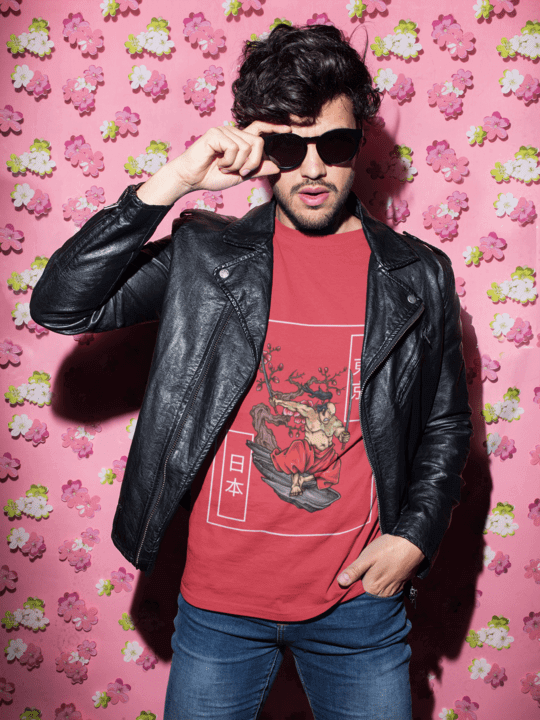Crewneck Tee Mockup Of A Man With A Leather Jacket Against A Pink Wall With A Print Of Flowers 18753