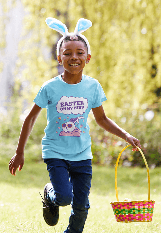T Shirt Mockup Of A Little Kid Having Fun At An Easter Celebration