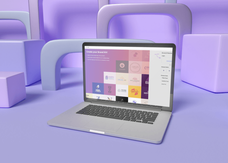 A Gorgeous 3d Mockup In A Purple Background Featuring An Open Laptop Showing The Brand Kit Section At Placeit By Envato