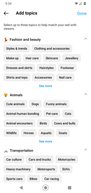 Screenshot Of The Add Topics Section On Instagram Reels For Business And Creators Accounts