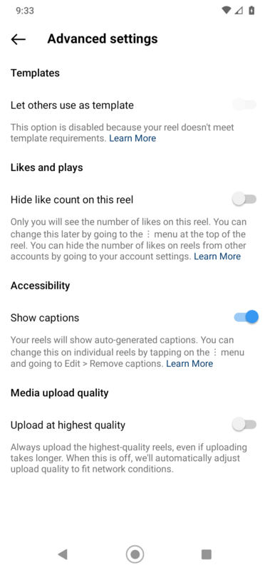 Screenshot Of The Advanced Settings On Instagram Reels For Business And Creators Accounts