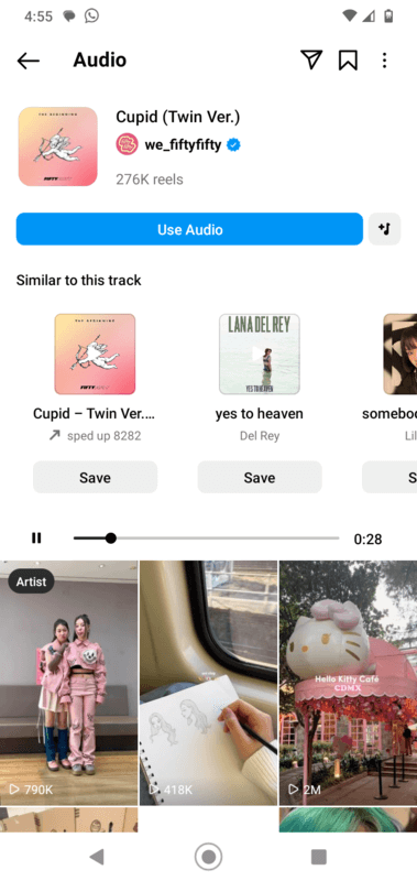 Instagram Reels Audio section with similar tracks
