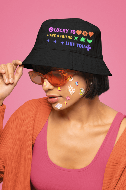 Bucket Hat Mockup Featuring A Woman With Stickers On Her Face M32376
