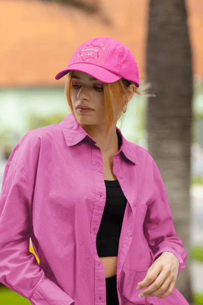 Dad Hat Mockup Of A Woman Wearing A Pink Overshirt M29322