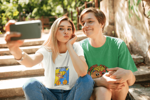 T Shirt Mockup Featuring Two Young Friends Taking A Selfie 34482 R El2