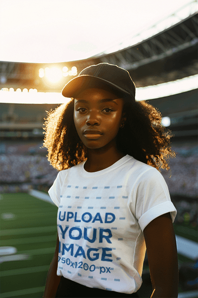 Ai Generated Mockup Of A Girl With Curly Hair Wearing A T Shirt At A Football Stadium