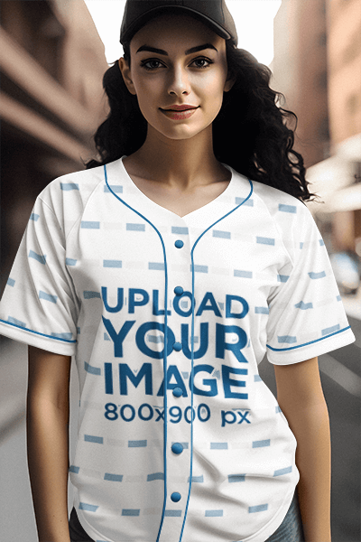 Jersey Mockup Featuring A Happy Ai Created Woman With Curly Hair