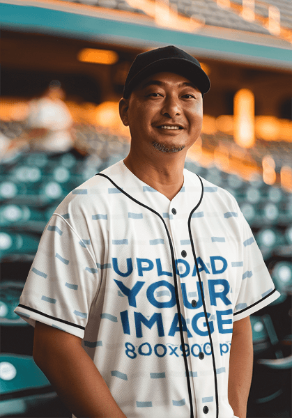 Jersey Mockup Of A Happy Ai Created Man In A Baseball Stadium