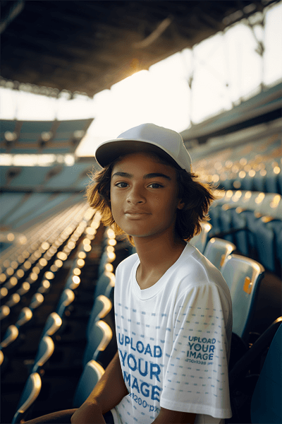 Mockup Of An Ai Generated Boy Wearing A T Shirt In A Baseball Stadium