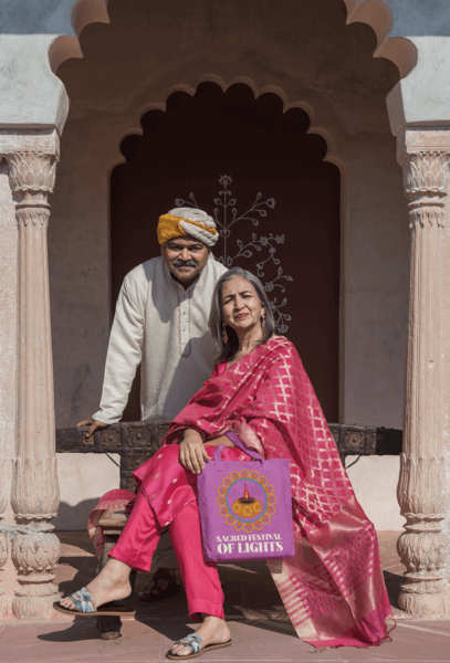 Tote Bag Mockup Of A Couple Posing In Traditional Indian Attires In An Ancient Temple M32703