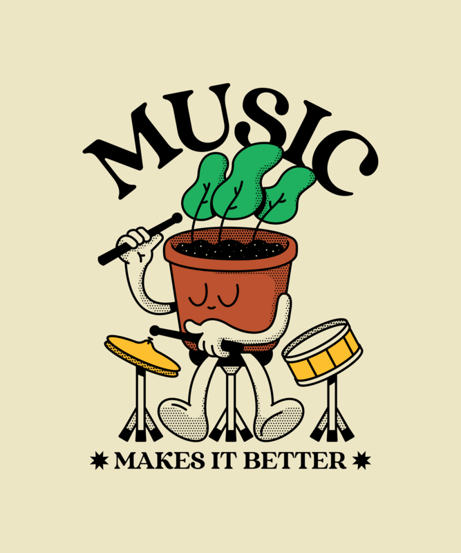 Fun T Shirt Design Featuring A Cartoonish Character Playing Drums